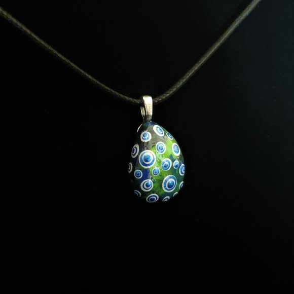 Hand Painted Dot Art Pendant,Blue Sapphire and White spheres multicolored - Picture 2 of 15